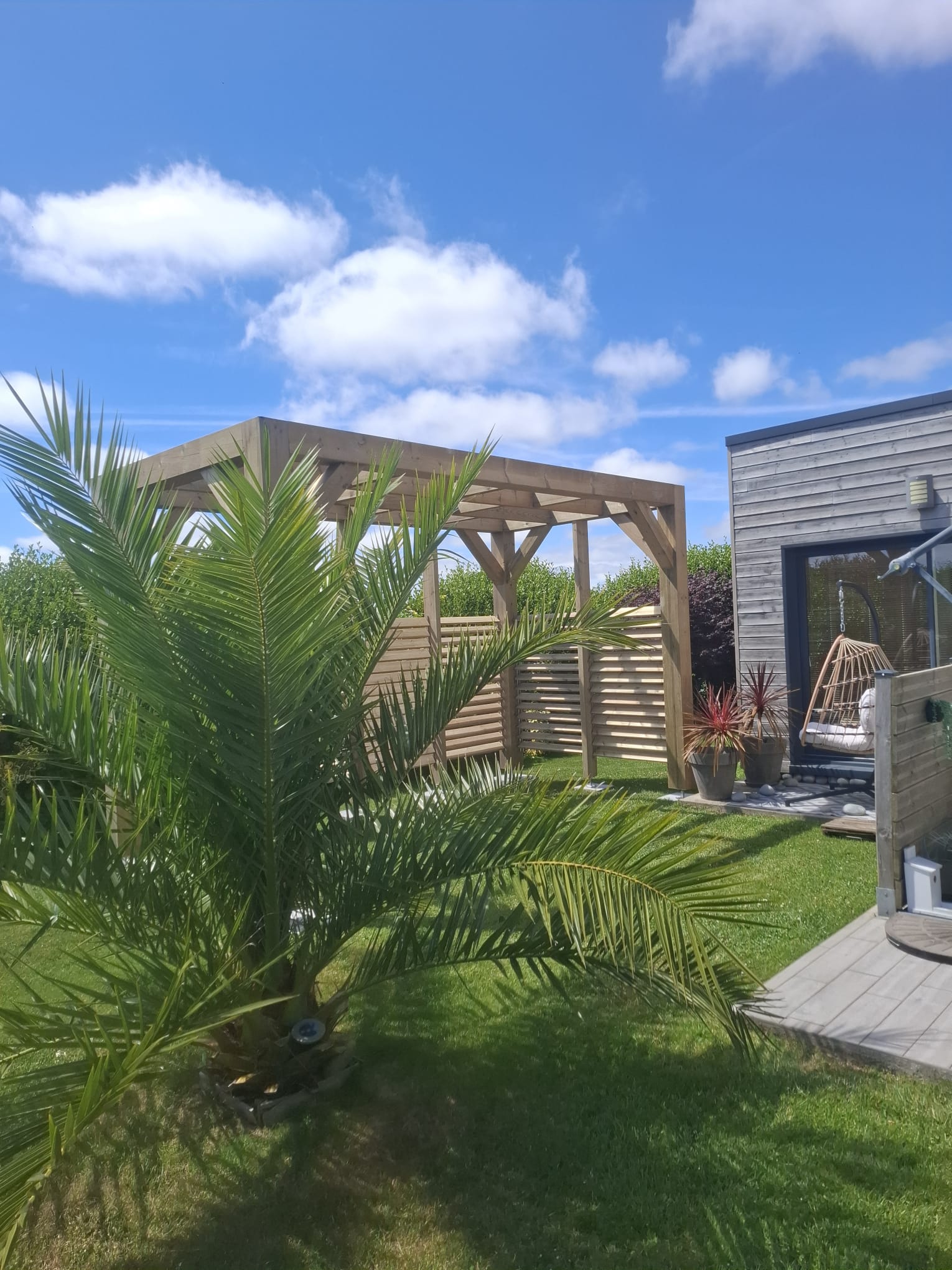 Pergola en pin traité dans le jardin avec palmier